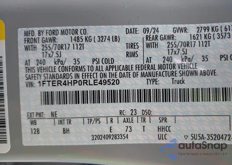 2024 Ford Ranger Xlt z USA, uszkodzony, nr VIN 1FTER4HP0RLE49520